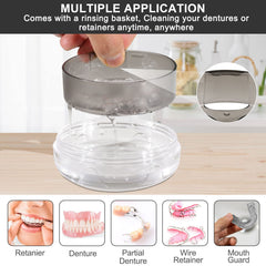 Denture cleaning basket included with tray size 3.24 x 3.24 x 1.02 inches