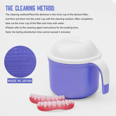 Denture cup with surface for draining and drying