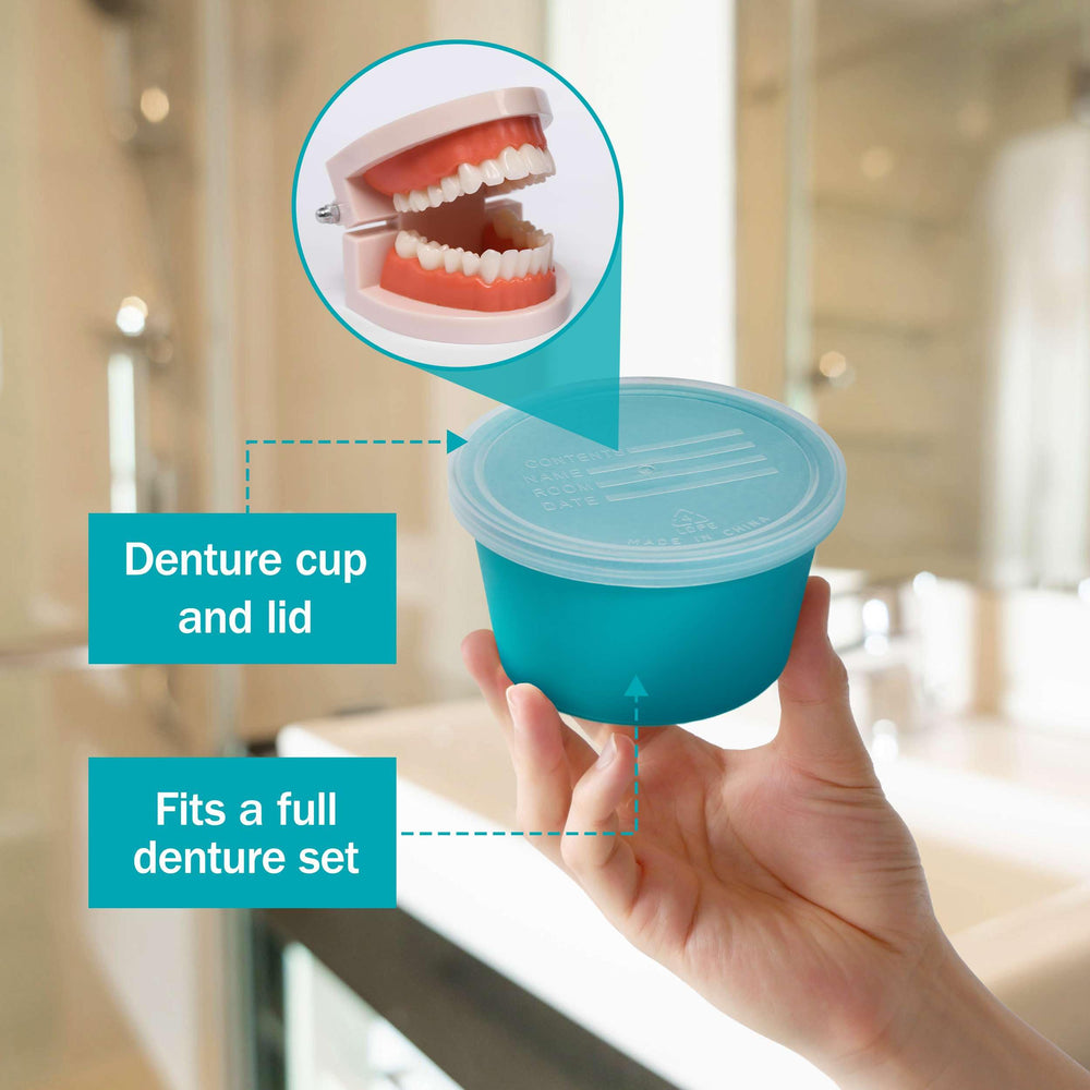 Denture case with lid and cup for full dentures
