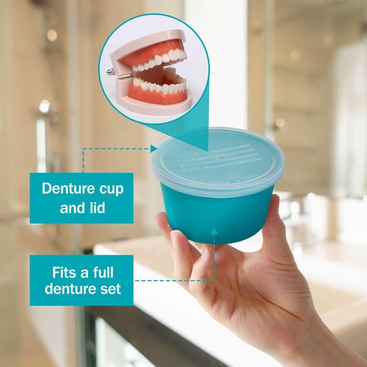 Denture case with lid and cup for full dentures
