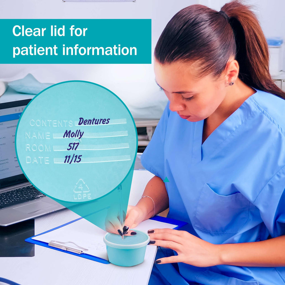 Clear lid showing space to write patient information on denture container