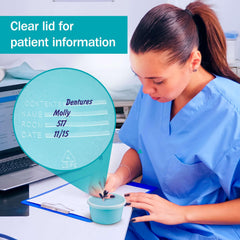 Clear lid showing space to write patient information on denture container