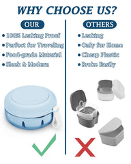 Blue denture cup with built-in strainer