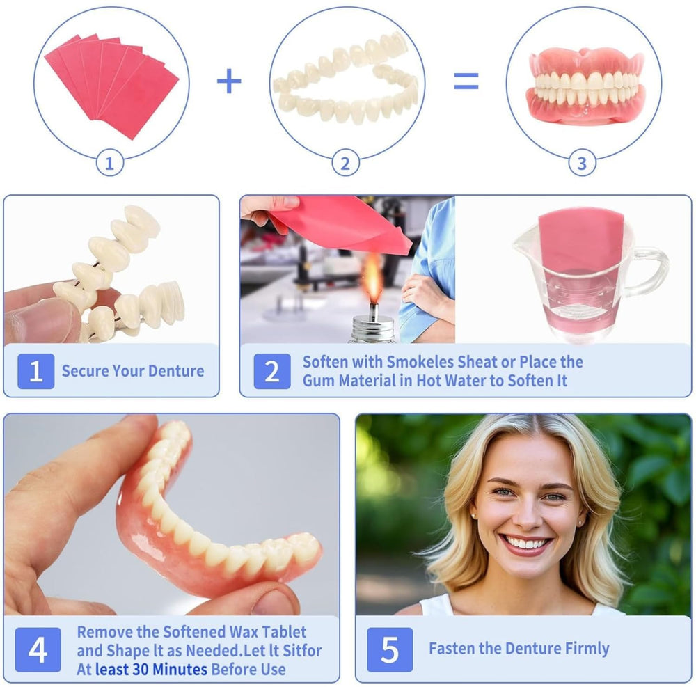 Moldable denture base, teeth set, and essential tools