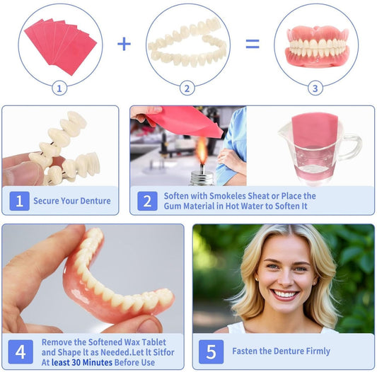 Moldable denture base, teeth set, and essential tools