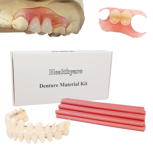 Denture material kit components including gum material and fake teeth