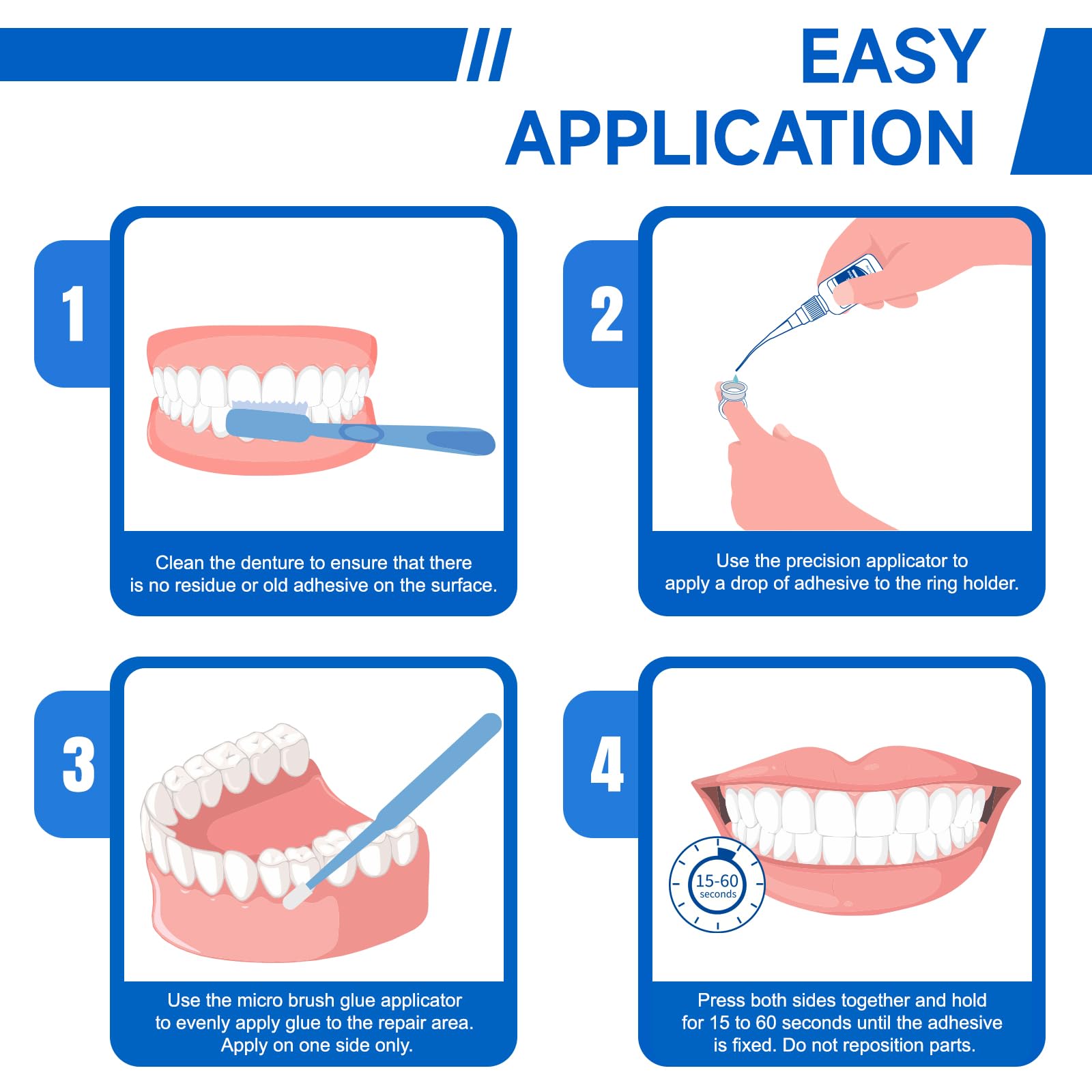 Laboratory-grade denture glue tube with repair tools
