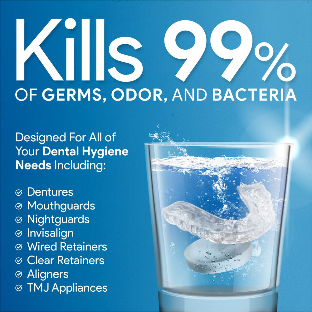 Denture, retainer, aligner, and night guard with cleaning tablets