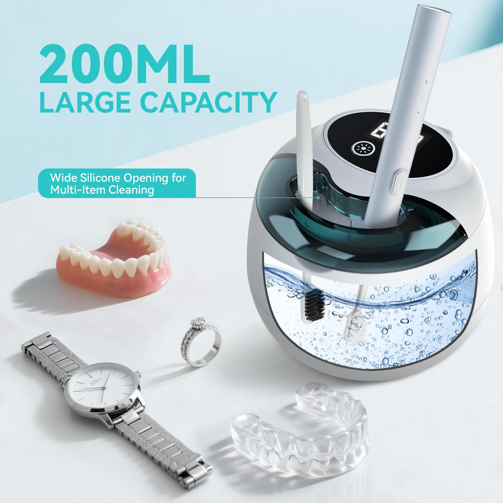 Denture cleaner with various items like retainers and mouth guards