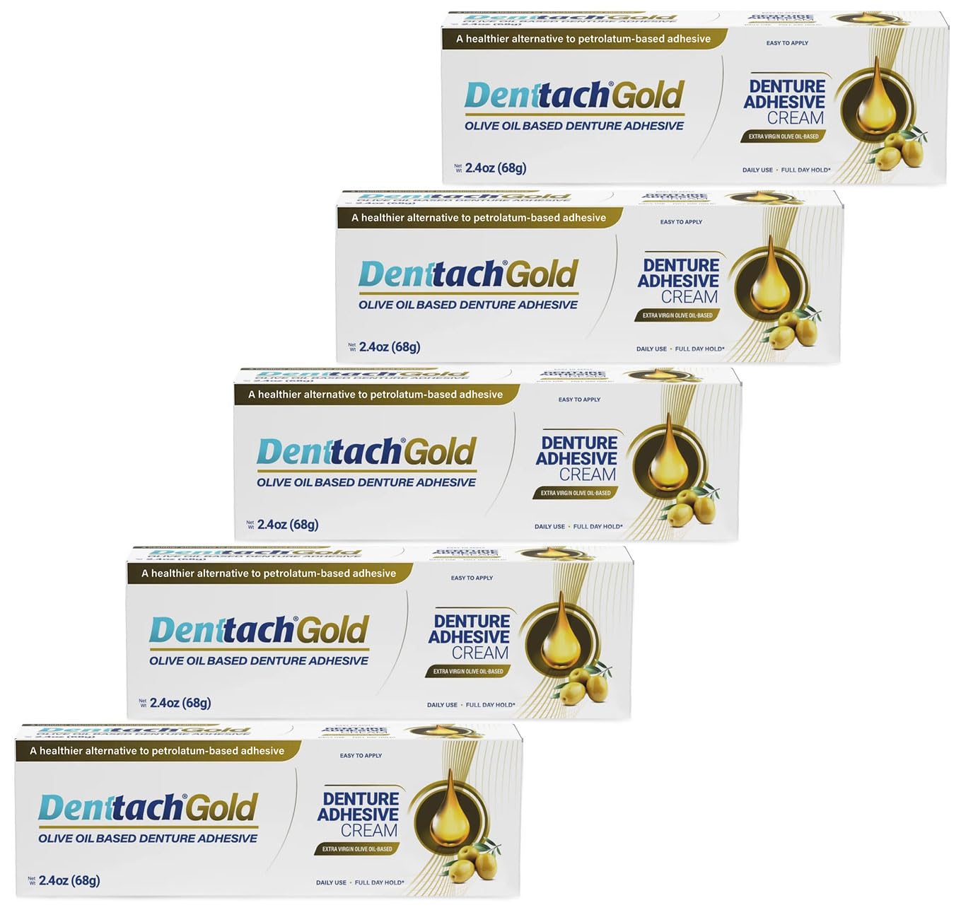 Denttach Gold olive oil-based denture adhesive bottle front view, 2.4 oz