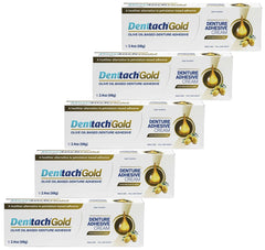 Denttach Gold olive oil-based denture adhesive bottle front view, 2.4 oz