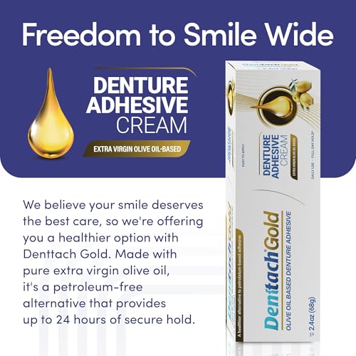Denttach Gold olive oil-based denture adhesive side view, 2.4 oz