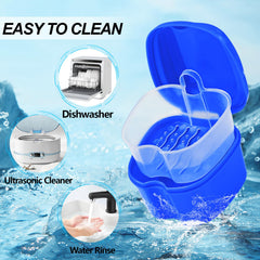 Dark Blue denture bath case with strainer basket installed