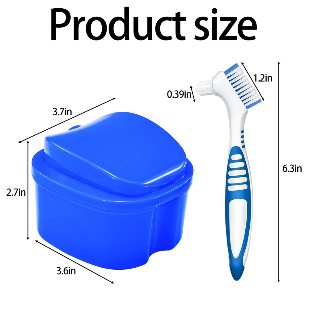 Dark Blue denture bath case with packaging and accessories