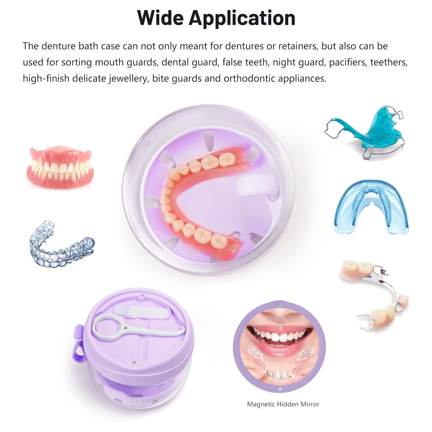 Denture case with built-in mirror and strainer for soaking