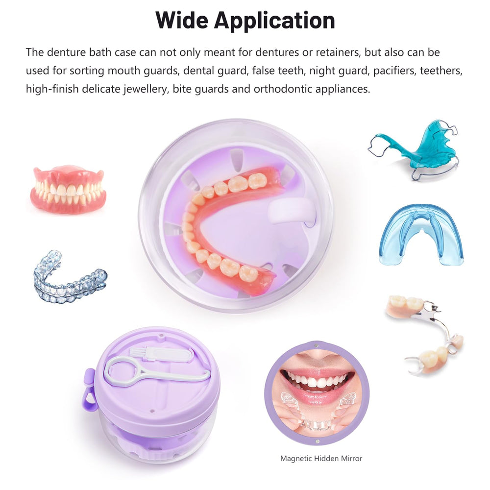 Denture case with built-in mirror and strainer for soaking