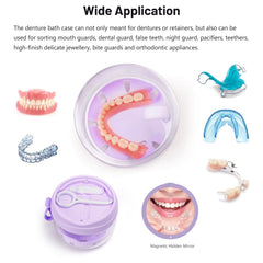 Denture case with built-in mirror and strainer for soaking