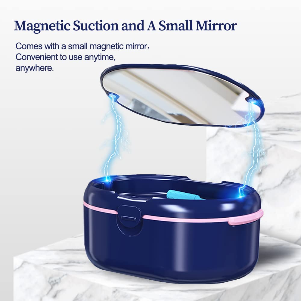 Built-in mirror on lid of denture case
