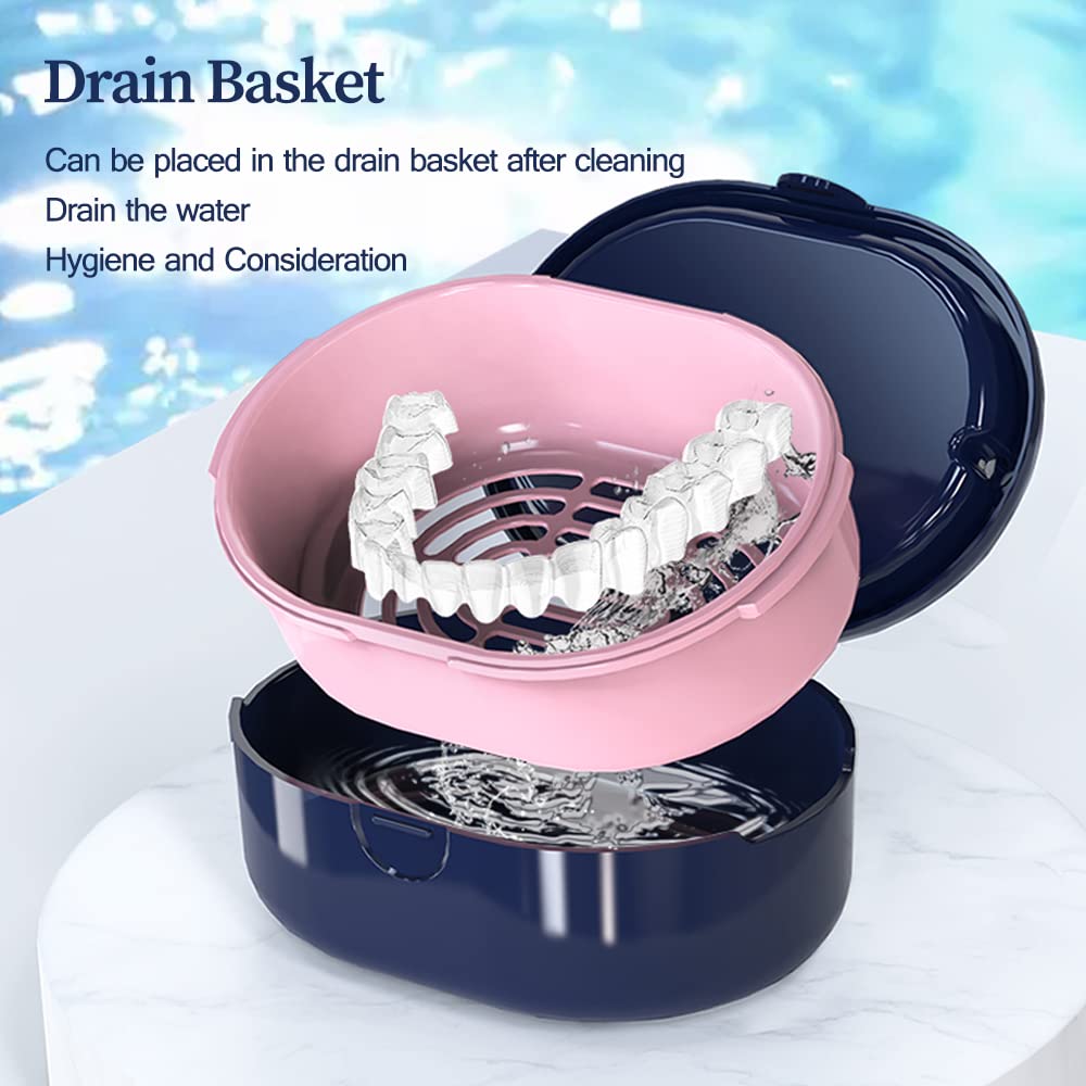 Compact blue denture cup dimensions 4.64 x 3.43 x 2.13 inches