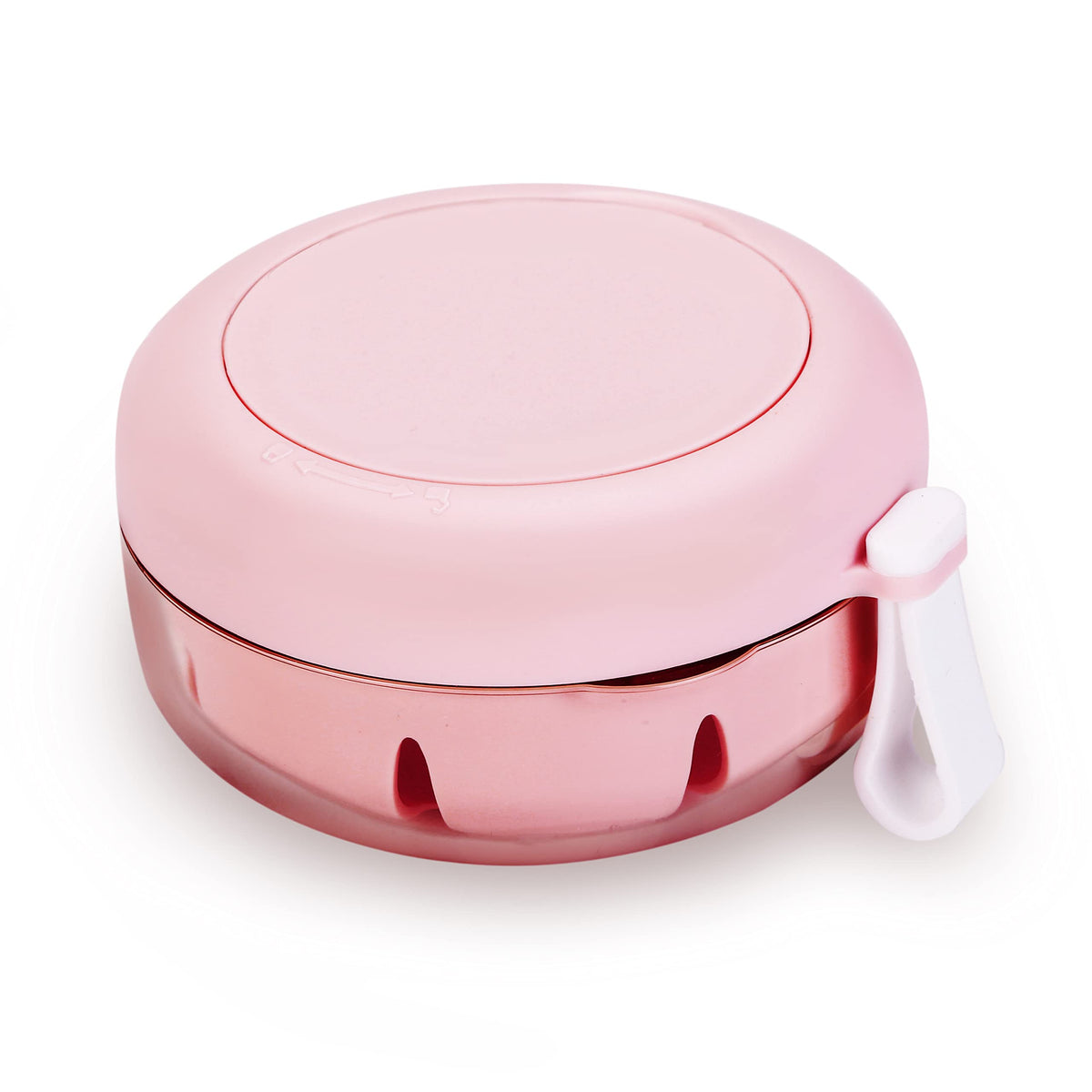 Pink denture case front view with twist lid design