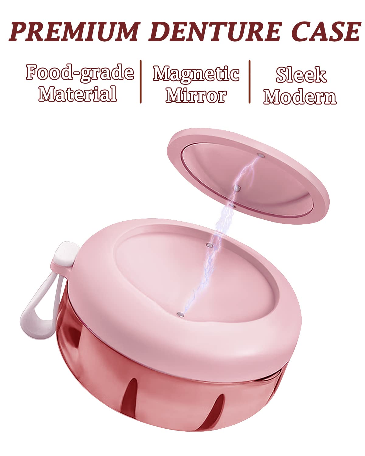 Pink denture case lid opened showing silicone seal