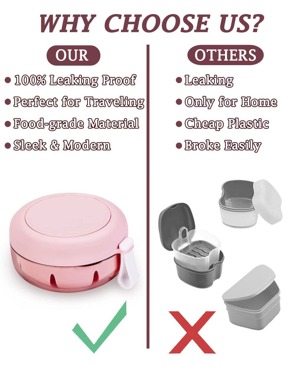 Pink denture case with magnetic mirror on top