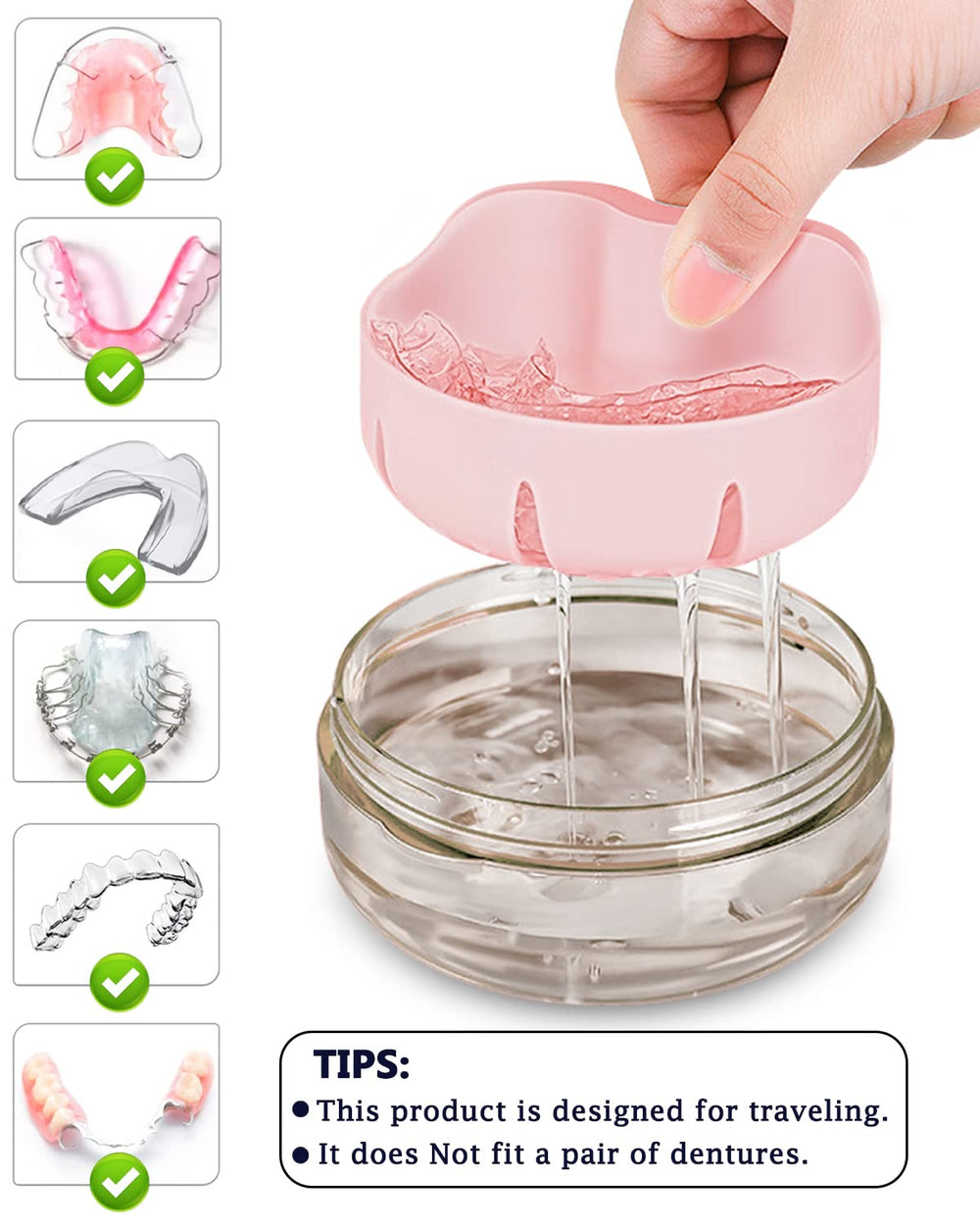 Side view of pink denture case highlighting compact size