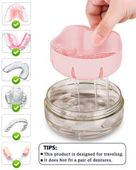 Side view of pink denture case highlighting compact size