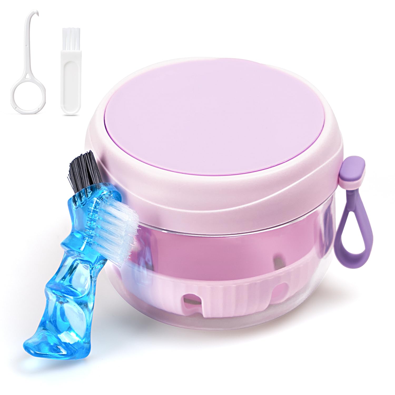 Purple denture case with strainer and mirror for travel