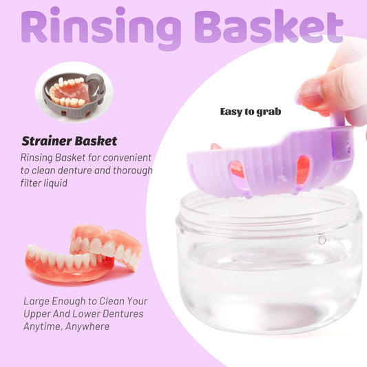Leak-proof denture bath cup in purple for on-the-go use