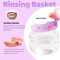 Leak-proof denture bath cup in purple for on-the-go use