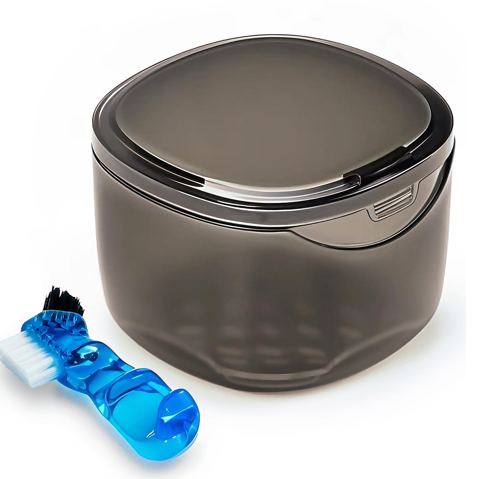 Transparent black denture soaking case front view