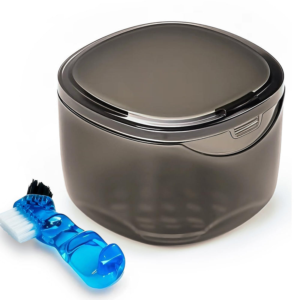 Transparent black denture soaking case front view