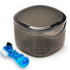 Transparent black denture soaking case front view