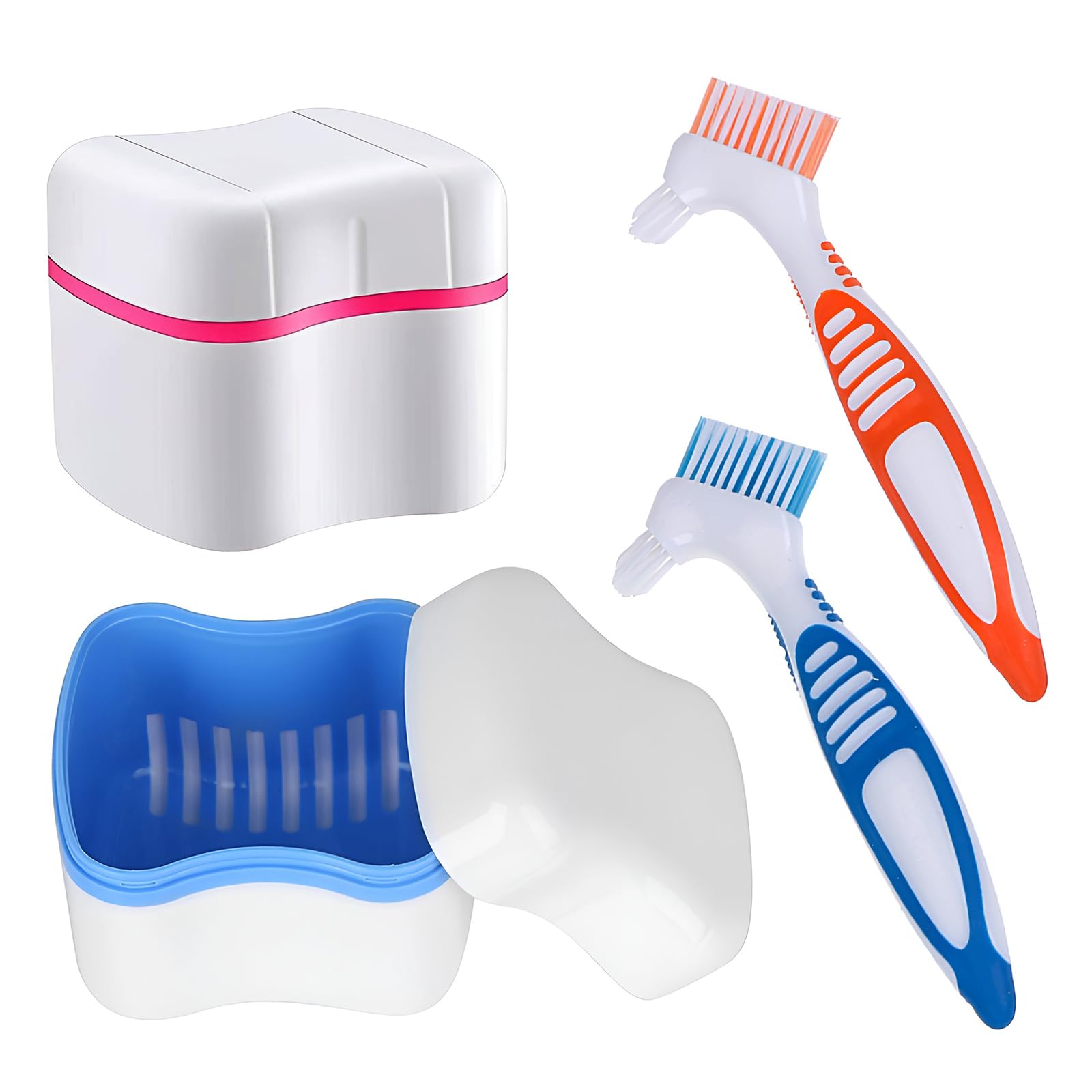 Denture cleaner box and brush set with blue and red cups