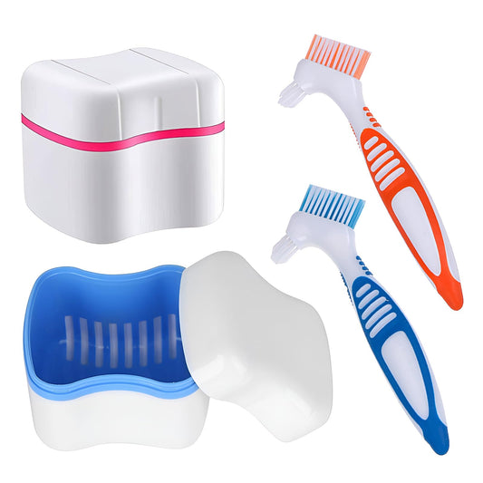 Denture cleaner box and brush set with blue and red cups