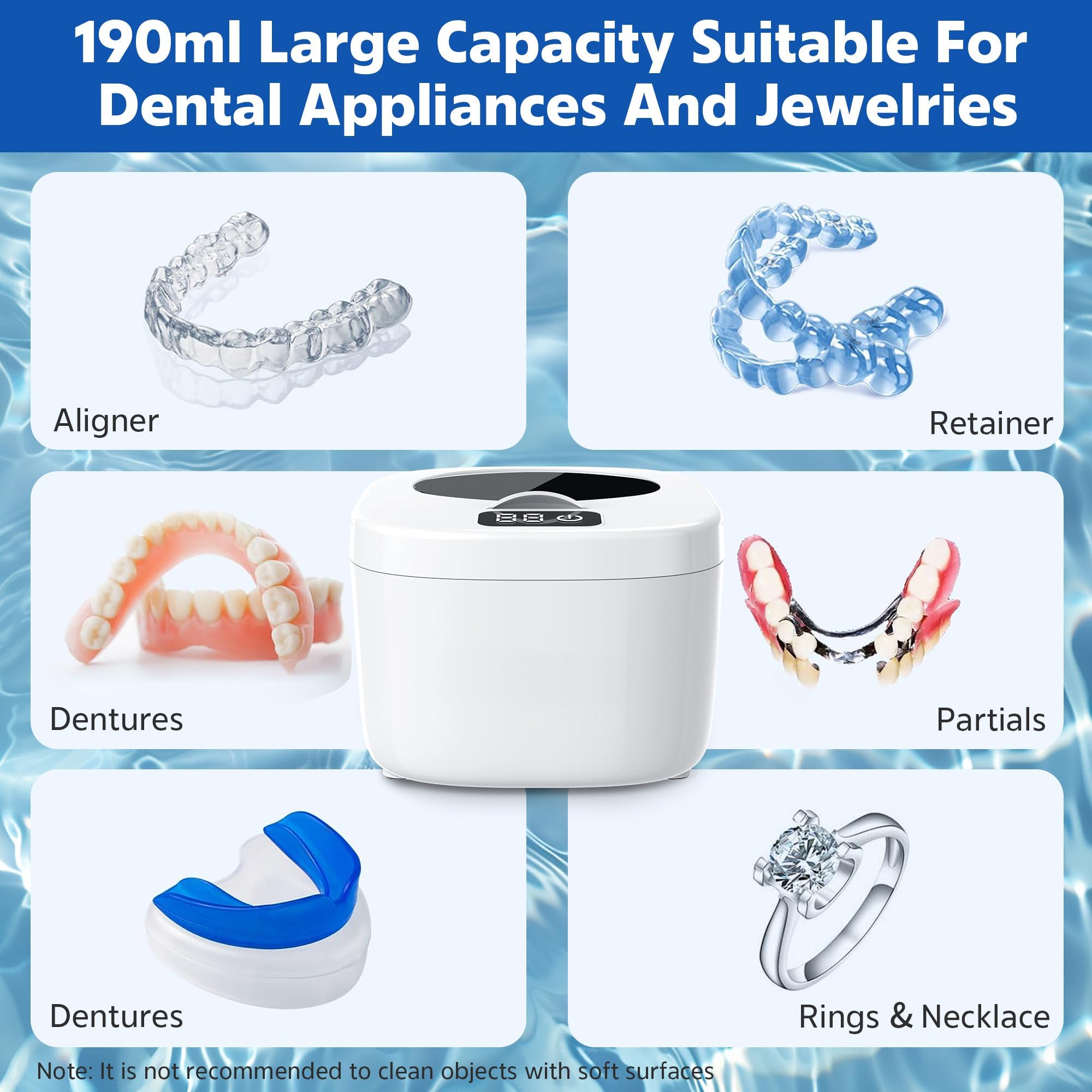 Dentures, aligners, mouthguards being cleaned
