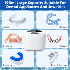 Dentures, aligners, mouthguards being cleaned