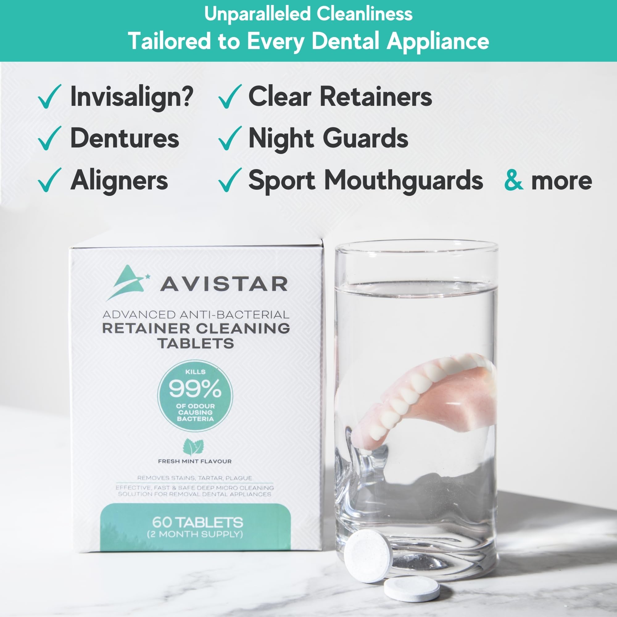 Denture cleaning tablets for dentures and removable appliances