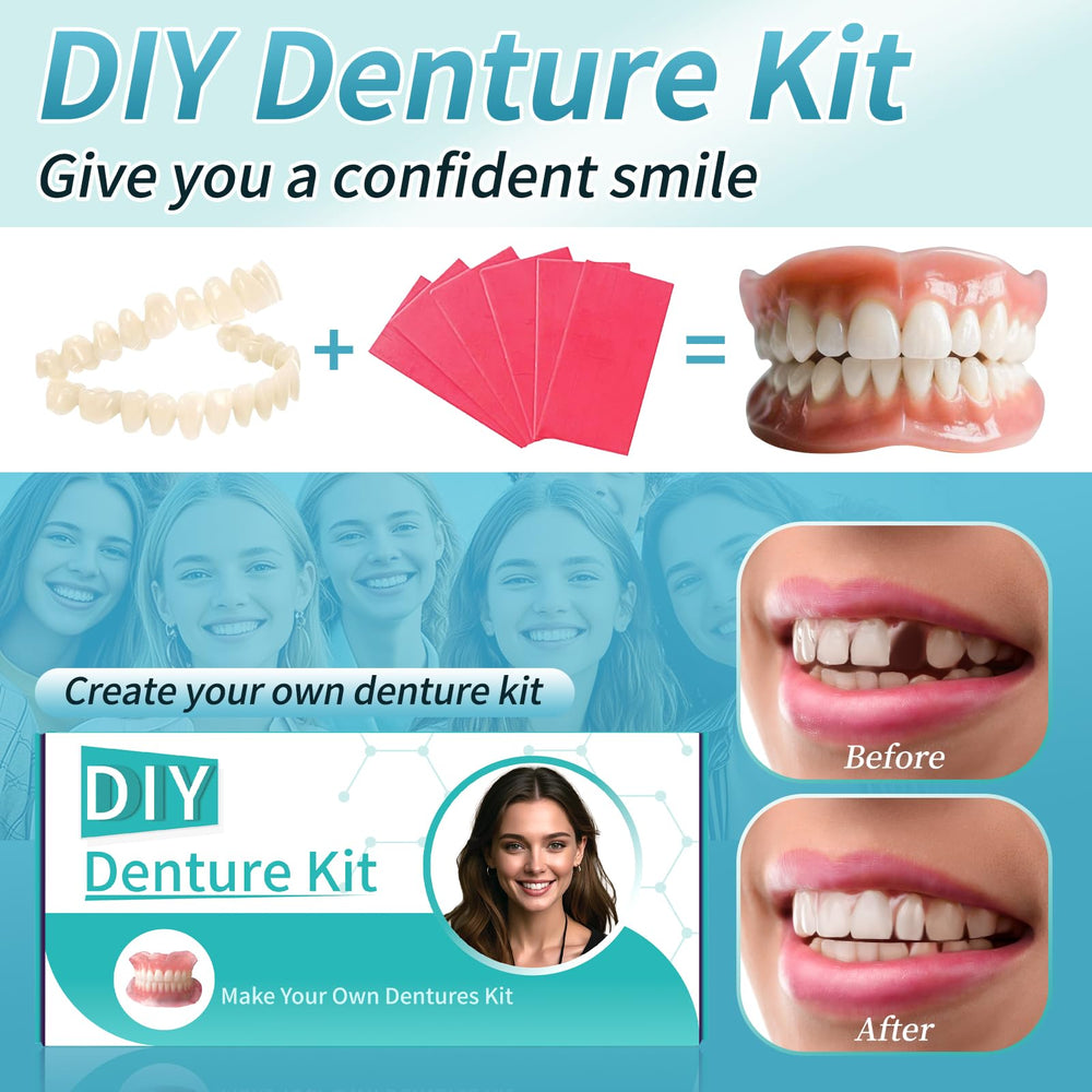 Denture kit components laid out for full denture craft