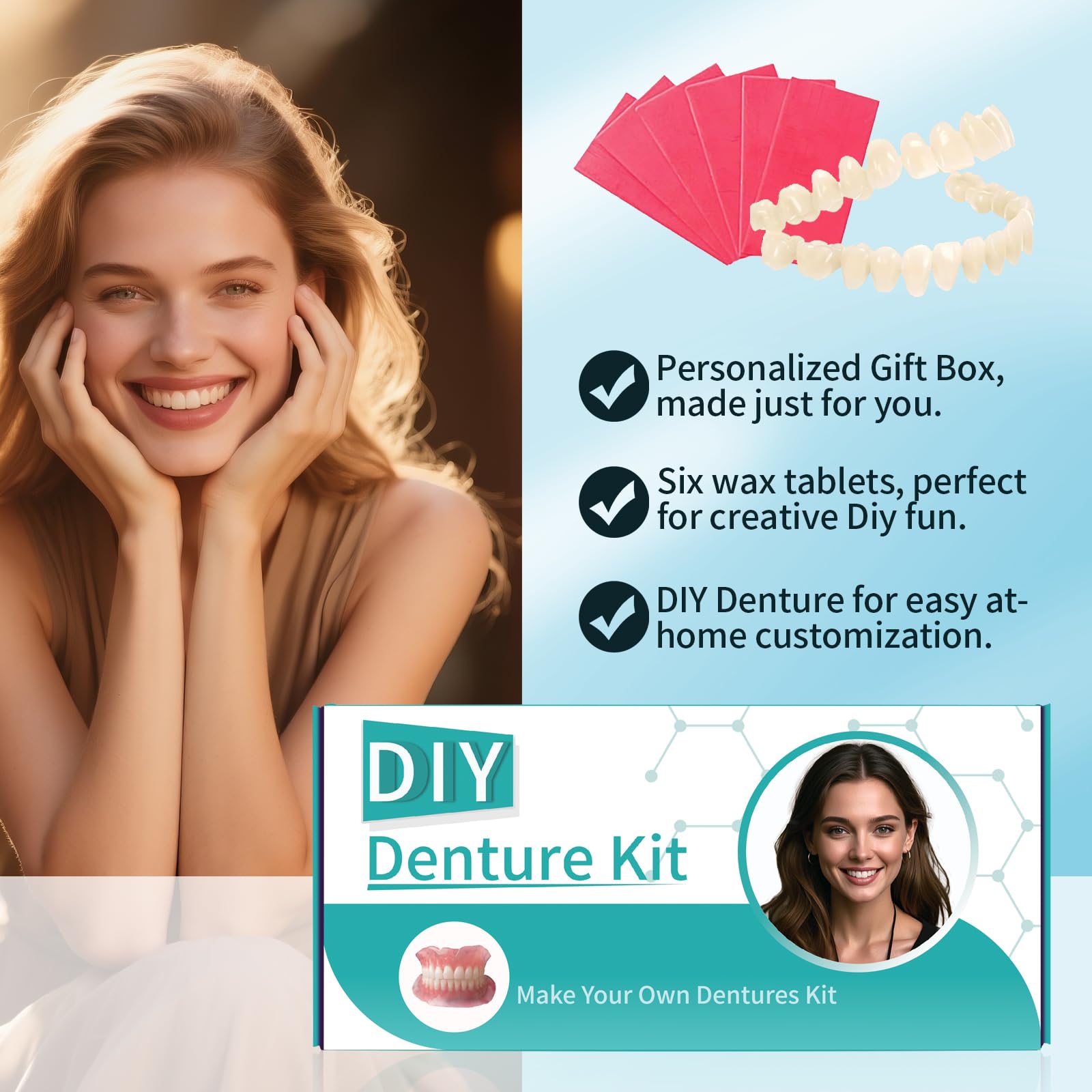 Smiling model showing completed dentures