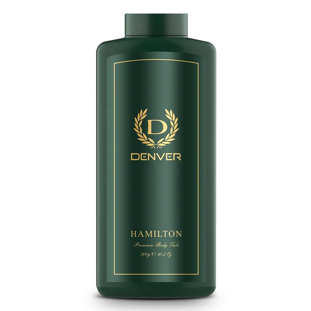 Denver Hamilton premium body talc powder bottle delivering long-lasting freshness