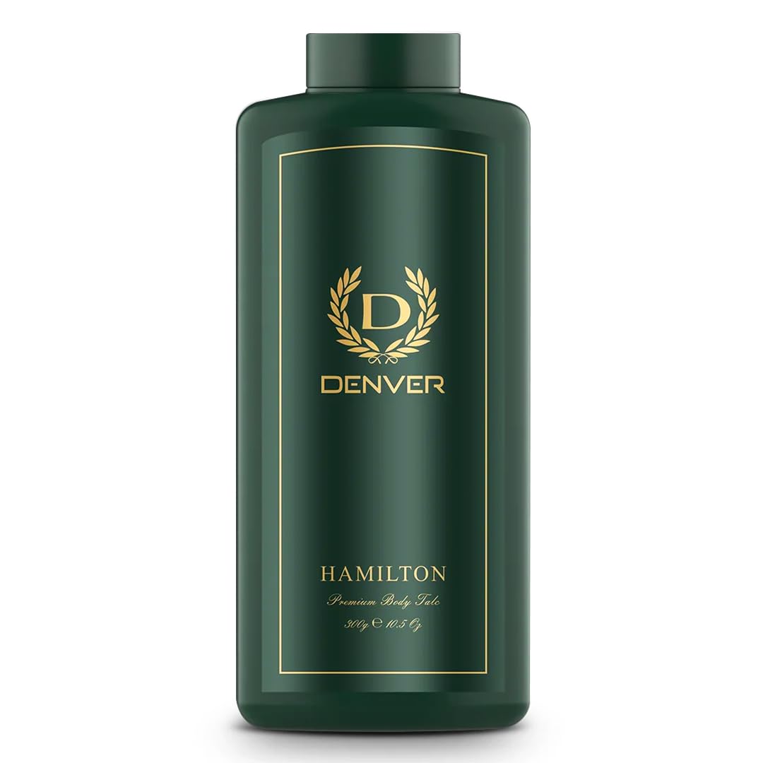 Denver Hamilton premium body talc powder bottle delivering long-lasting freshness
