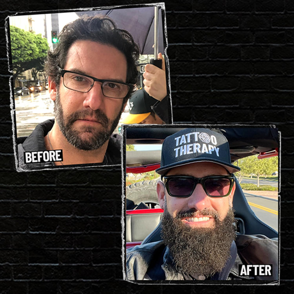 Happy man with fuller beard after using Derm Dude vitamins