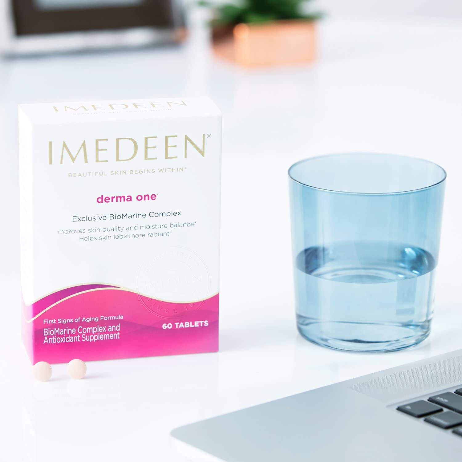 Packaging and tablets of Derma One skincare supplement.