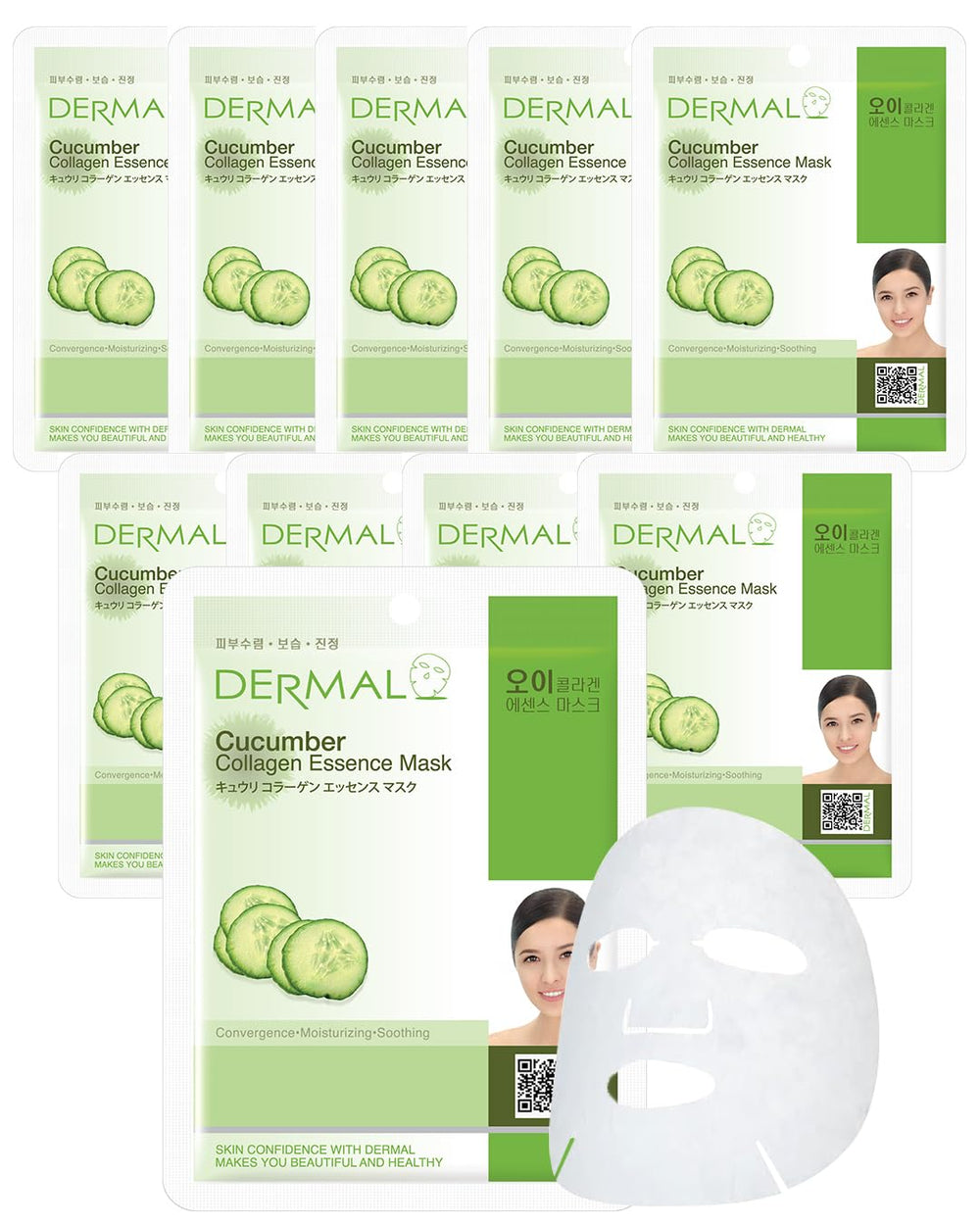 DERMAL cucumber-collagen mask sheet pack 10 provides hydration and soothing relief for irritated skin.