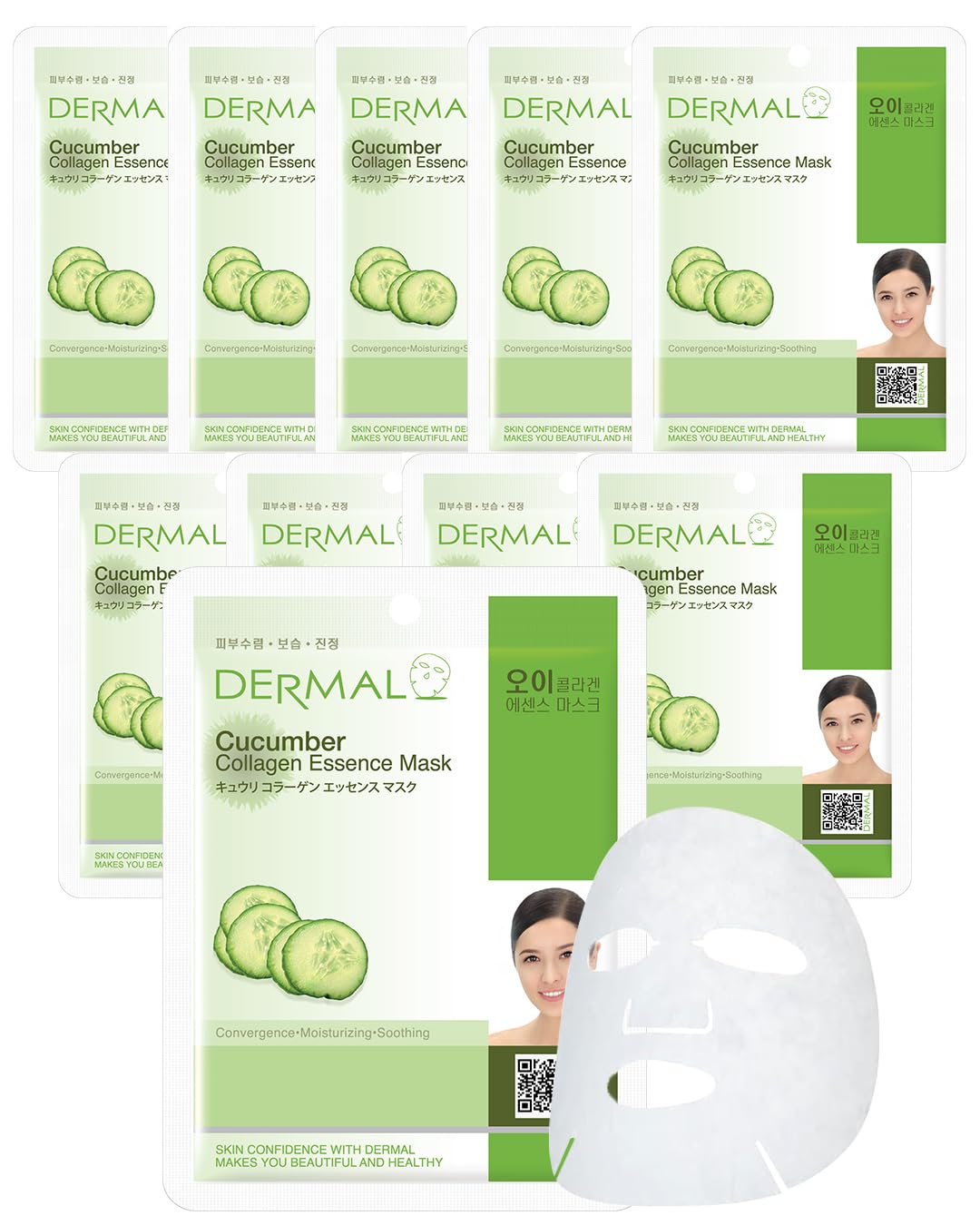 DERMAL cucumber-collagen mask sheet pack 10 provides hydration and soothing relief for irritated skin.