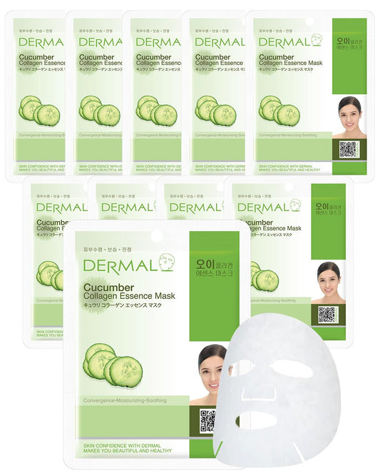 DERMAL cucumber-collagen mask sheet pack 10 provides hydration and soothing relief for irritated skin.