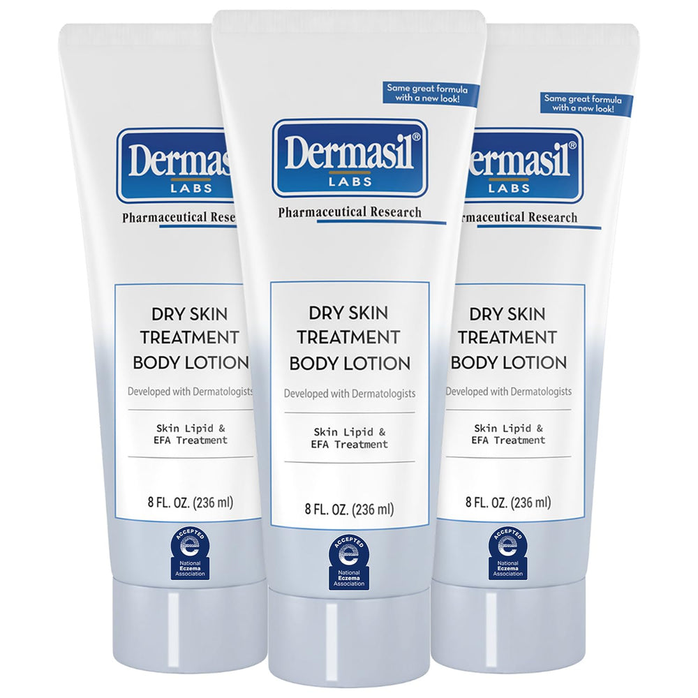 Dermasil 3-pack packaging displaying fragrance-free, hydrating lotion for dry skin