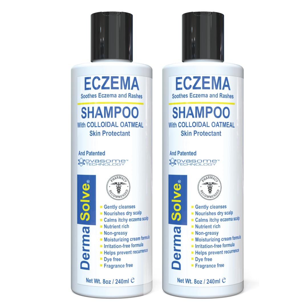 Dermasolve Eczema Relief Shampoo bottle demonstrates gentle, non-stripping cleansing for sensitive scalps.